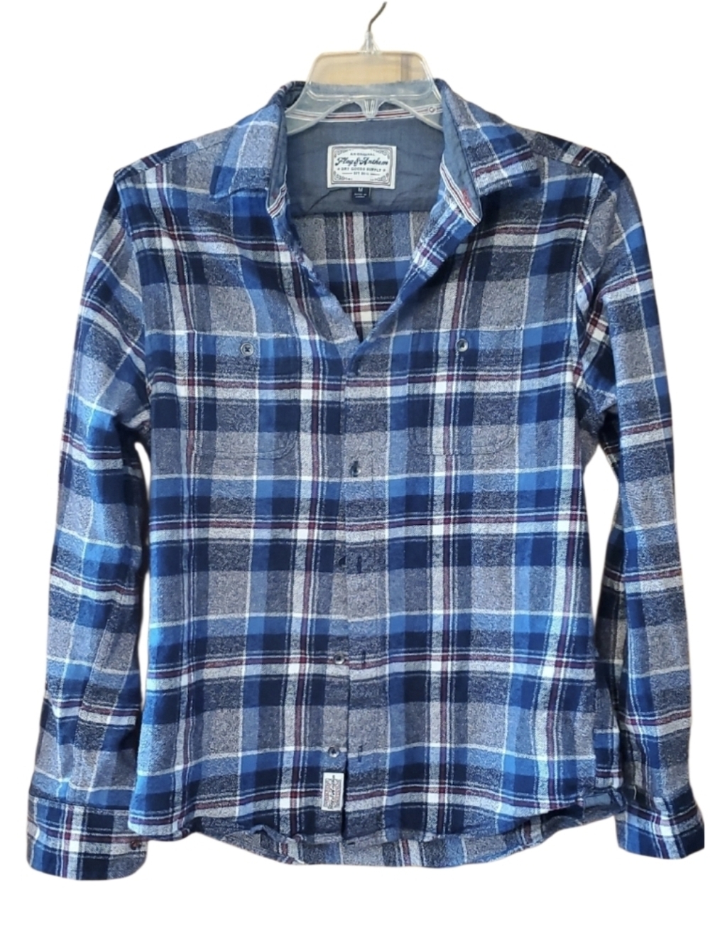 Flag & Anthem Blue Gray Red Plaid Flannel Buttondown Long Sleeve Shirt Size M